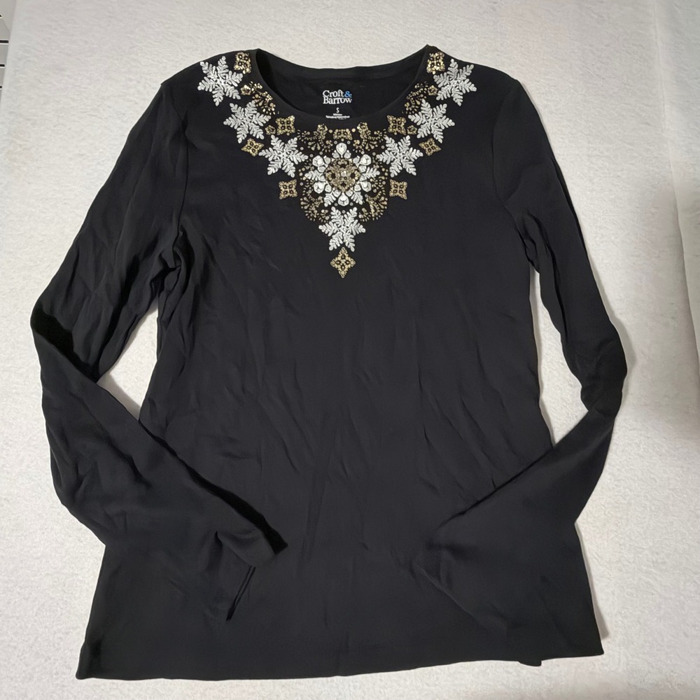 Croft & Barrow Womens Black Snowflake Embellished Long Sleeve Cotton Top Small
